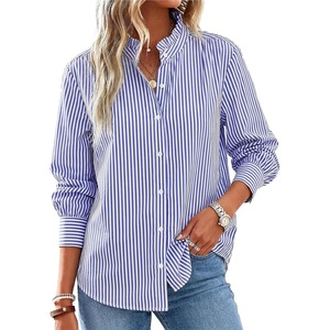 image:imageCicy Bell Womens Oversized Button Down Shirts Long Sleeve Ruffle Collar Top  Casual Dressy Side Split Work Blouse Loose Fit Pleated Shoulder SeamsNavy