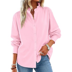 image:imageCicy Bell Womens Oversized Button Down Shirts Long Sleeve Ruffle Collar Top  Casual Dressy Side Split Work Blouse Loose Fit Pleated Shoulder SeamsPink