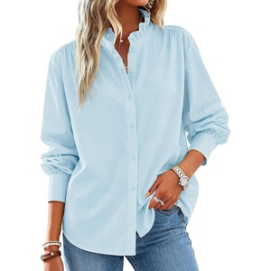 image:imageCicy Bell Womens Oversized Button Down Shirts Long Sleeve Ruffle Collar Top  Casual Dressy Side Split Work Blouse Loose Fit Pleated Shoulder SeamsSky Blue