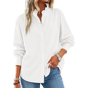 image:imageCicy Bell Womens Oversized Button Down Shirts Long Sleeve Ruffle Collar Top  Casual Dressy Side Split Work Blouse Loose Fit Pleated Shoulder SeamsWhite