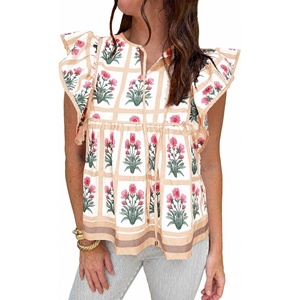 image:imageCicy Bell Womens Peplum Floral Blouses Babydoll Ruffle Cap Sleeve Boho Tops  Flutter Short Sleeve TopV NeckDressy Casual Summer Flowy ShirtsVersatile for Daily VocationKhaki