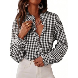 image:imageCicy Bell Womens Plaid Shirts Ruffle Puff Long Sleeve V Neck Gingham Tops  Trendy Casual Button Down Work Casual Checkered Blouses Loose FitBlack