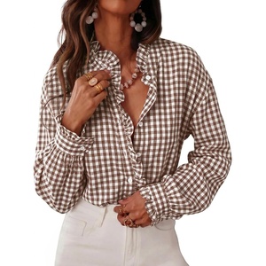 image:imageCicy Bell Womens Plaid Shirts Ruffle Puff Long Sleeve V Neck Gingham Tops  Trendy Casual Button Down Work Casual Checkered Blouses Loose FitCoffee