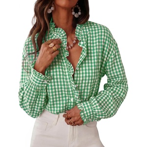 image:imageCicy Bell Womens Plaid Shirts Ruffle Puff Long Sleeve V Neck Gingham Tops  Trendy Casual Button Down Work Casual Checkered Blouses Loose FitGreen