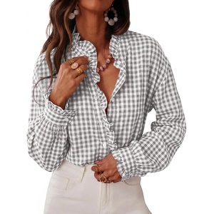 image:imageCicy Bell Womens Plaid Shirts Ruffle Puff Long Sleeve V Neck Gingham Tops  Trendy Casual Button Down Work Casual Checkered Blouses Loose FitGrey