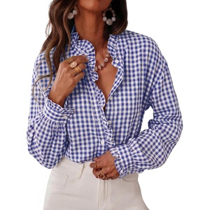 image:imageCicy Bell Womens Plaid Shirts Ruffle Puff Long Sleeve V Neck Gingham Tops  Trendy Casual Button Down Work Casual Checkered Blouses Loose FitNavy