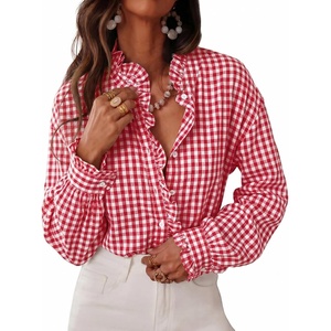 image:imageCicy Bell Womens Plaid Shirts Ruffle Puff Long Sleeve V Neck Gingham Tops  Trendy Casual Button Down Work Casual Checkered Blouses Loose FitRed