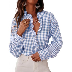 image:imageCicy Bell Womens Plaid Shirts Ruffle Puff Long Sleeve V Neck Gingham Tops  Trendy Casual Button Down Work Casual Checkered Blouses Loose FitSky Blue