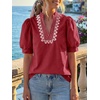 image:imageCicy Bell Womens Puff Short Sleeve Blouses Dressy Embroidered Boutique TopsBurgundy