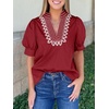 image:imageCicy Bell Womens Puff Short Sleeve Blouses Dressy Embroidered Boutique TopsBurgundy