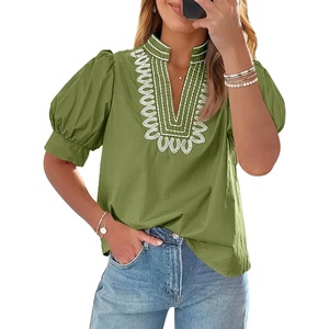image:imageCicy Bell Womens Puff Short Sleeve Blouses Dressy Embroidered Boutique TopsArmy Green