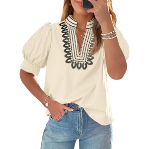 image:imageCicy Bell Womens Puff Short Sleeve Blouses Dressy Embroidered Boutique TopsBeige