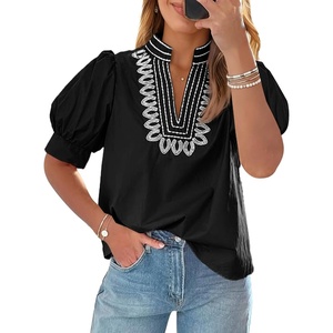 image:imageCicy Bell Womens Puff Short Sleeve Blouses Dressy Embroidered Boutique TopsBlack