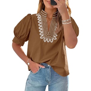 image:imageCicy Bell Womens Puff Short Sleeve Blouses Dressy Embroidered Boutique TopsBrown