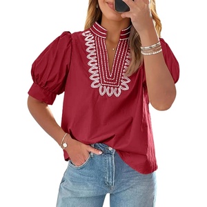 image:imageCicy Bell Womens Puff Short Sleeve Blouses Dressy Embroidered Boutique TopsBurgundy