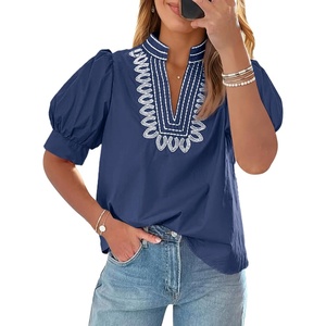 image:imageCicy Bell Womens Puff Short Sleeve Blouses Dressy Embroidered Boutique TopsNavy