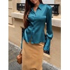 image:imageCicy Bell Womens Satin Slim Fit Blouses Long Sleeve Going Out Silky TopsPeacock Green