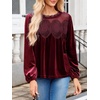image:imageCicy Bell Womens Velvet Babydoll Tops Puff Sleeve Lace Ruffle Flowy BlousesBurgundy