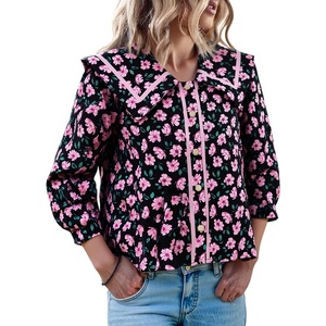 image:imageCicy Bell Womens Floral Button Down Shirts Casual 34 Sleeve BlousesBlack Print