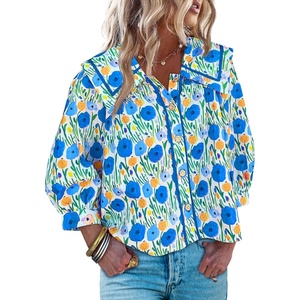image:imageCicy Bell Womens Floral Button Down Shirts Casual 34 Sleeve BlousesBlue