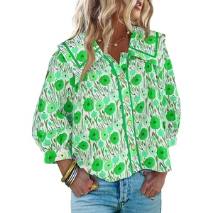 image:imageCicy Bell Womens Floral Button Down Shirts Casual 34 Sleeve BlousesGreen Print