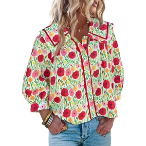 image:imageCicy Bell Womens Floral Button Down Shirts Casual 34 Sleeve BlousesRed