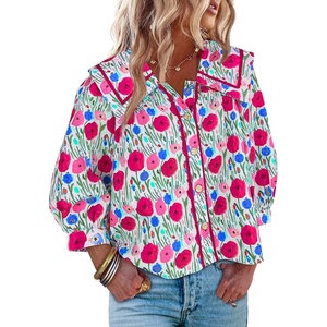 image:imageCicy Bell Womens Floral Button Down Shirts Casual 34 Sleeve BlousesRose Red