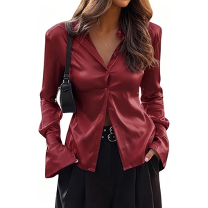 image:imageCicy Bell Womens Satin Slim Fit Blouses Long Sleeve Going Out Silky TopsBurgundy