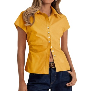 image:imageCicy Bell Womens Summer Button Down Shirts Short Sleeve Petite Blouses TopsTurmeric Yellow