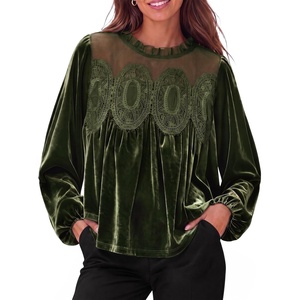 image:imageCicy Bell Womens Velvet Babydoll Tops Puff Sleeve Lace Ruffle Flowy BlousesArmy Green