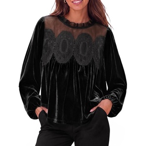 image:imageCicy Bell Womens Velvet Babydoll Tops Puff Sleeve Lace Ruffle Flowy BlousesBlack