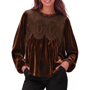 image:imageCicy Bell Womens Velvet Babydoll Tops Puff Sleeve Lace Ruffle Flowy BlousesBrown