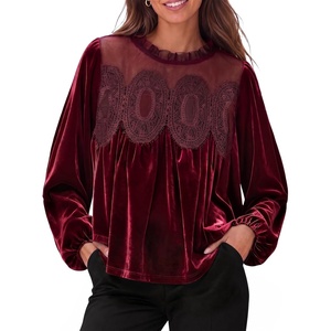 image:imageCicy Bell Womens Velvet Babydoll Tops Puff Sleeve Lace Ruffle Flowy BlousesBurgundy