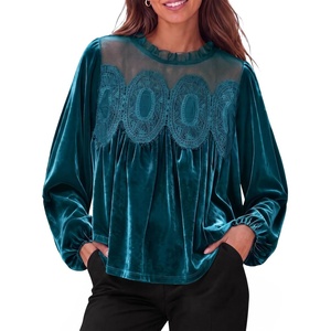 image:imageCicy Bell Womens Velvet Babydoll Tops Puff Sleeve Lace Ruffle Flowy BlousesLake Blue