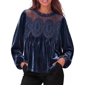 image:imageCicy Bell Womens Velvet Babydoll Tops Puff Sleeve Lace Ruffle Flowy BlousesNavy