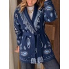 image:imageCicy Bell Womens Fringe Cardigan Printed Long Sleeve V Neck Belt SweatersDark Blue