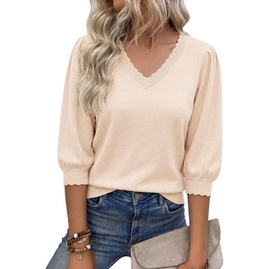 image:imageCicy Bell Womens 34 Puff Sleeve Sweaters Casual V Neck Knit Pullover TopsBeige
