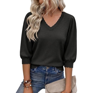 image:imageCicy Bell Womens 34 Puff Sleeve Sweaters Casual V Neck Knit Pullover TopsBlack