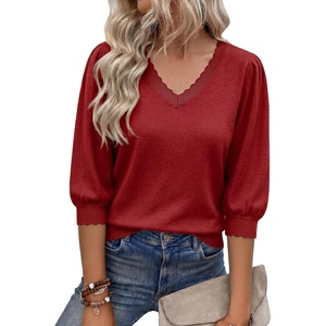 image:imageCicy Bell Womens 34 Puff Sleeve Sweaters Casual V Neck Knit Pullover TopsBurgundy