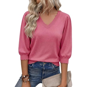 image:imageCicy Bell Womens 34 Puff Sleeve Sweaters Casual V Neck Knit Pullover TopsDeep Pink