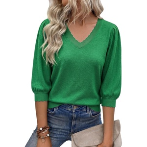 image:imageCicy Bell Womens 34 Puff Sleeve Sweaters Casual V Neck Knit Pullover TopsGreen