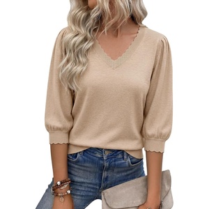 image:imageCicy Bell Womens 34 Puff Sleeve Sweaters Casual V Neck Knit Pullover TopsKhaki