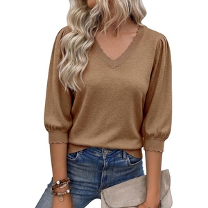image:imageCicy Bell Womens 34 Puff Sleeve Sweaters Casual V Neck Knit Pullover TopsLight Brown