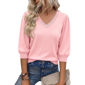 image:imageCicy Bell Womens 34 Puff Sleeve Sweaters Casual V Neck Knit Pullover TopsPink
