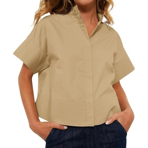 image:imageCicy Bell Womens Cropped Blouse Short Sleeve Button Down Shirt Dressy TopsKhaki