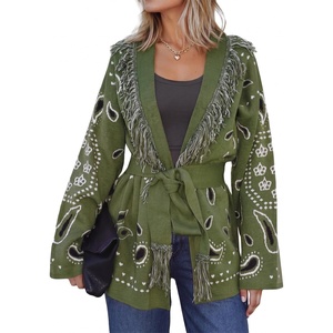 image:imageCicy Bell Womens Fringe Cardigan Printed Long Sleeve V Neck Belt SweatersArmy Green