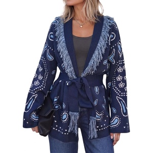 image:imageCicy Bell Womens Fringe Cardigan Printed Long Sleeve V Neck Belt SweatersDark Blue