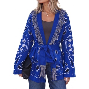 image:imageCicy Bell Womens Fringe Cardigan Printed Long Sleeve V Neck Belt SweatersRoyal Blue