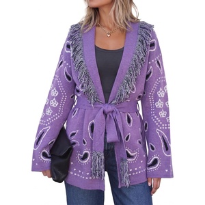 image:imageCicy Bell Womens Fringe Cardigan Printed Long Sleeve V Neck Belt SweatersViolet