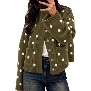 image:imageCicy Bell Womens Polka Dot Cardigan Long Sleeve Mock Neck Fall Knit SweaterArmy Green